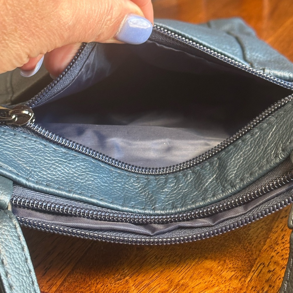 Genuine Leather Navy Crossbody Bag Multi Zip Organizer Travel Purse Small - Picture 9 of 13